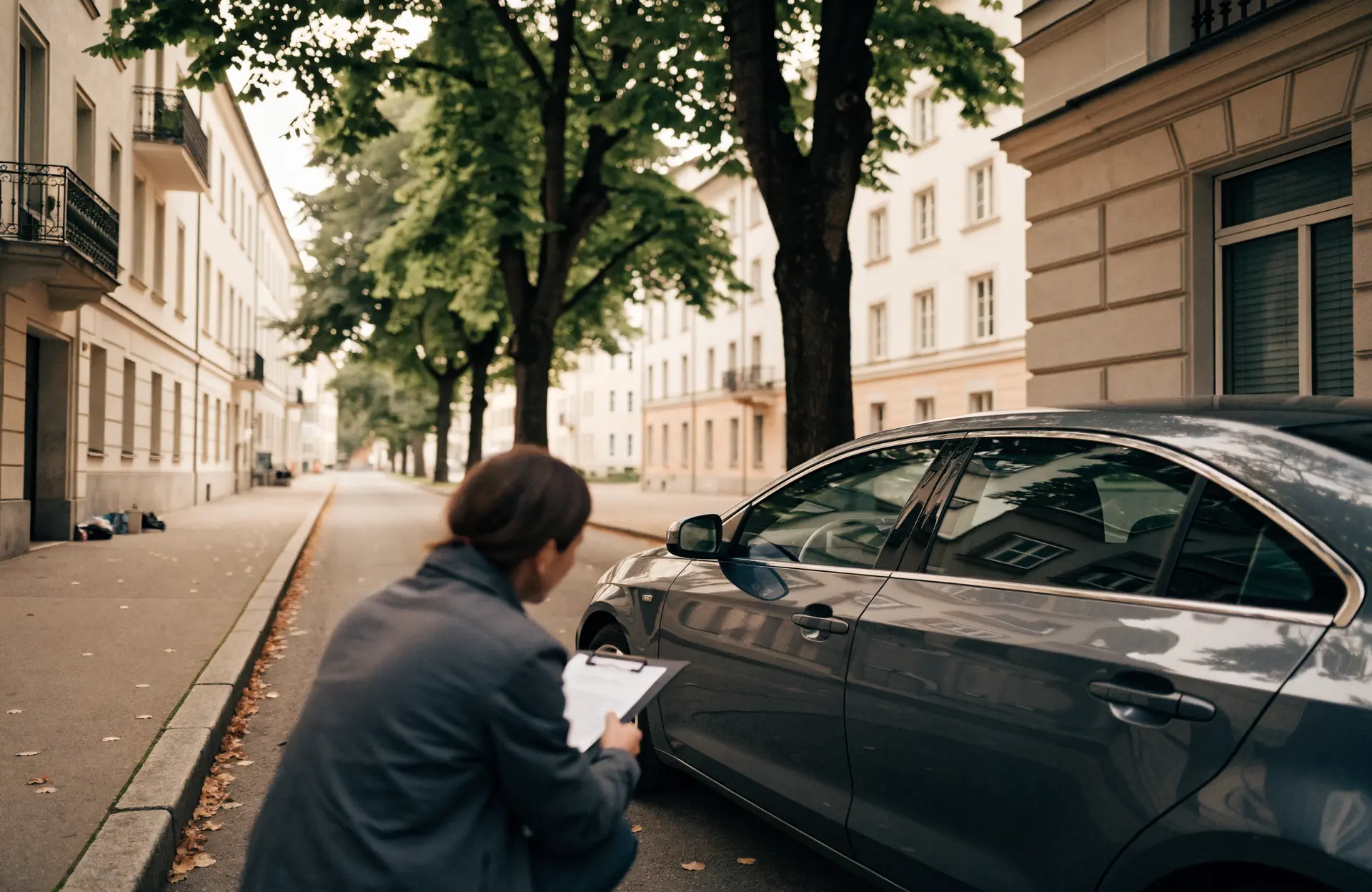 Sachverständiger besichtigt die Beschädigung am Kotflügel eines Pkw in einer Münchner Wohnstraße